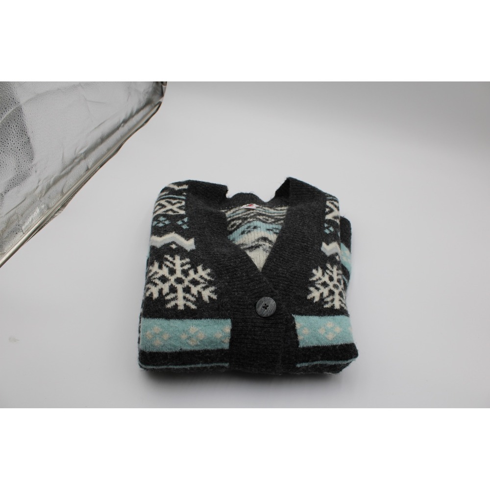 Cardigan Sweater Nordic Hygge Gray Blue Fair Isle Snowflake Knit V Neck SM